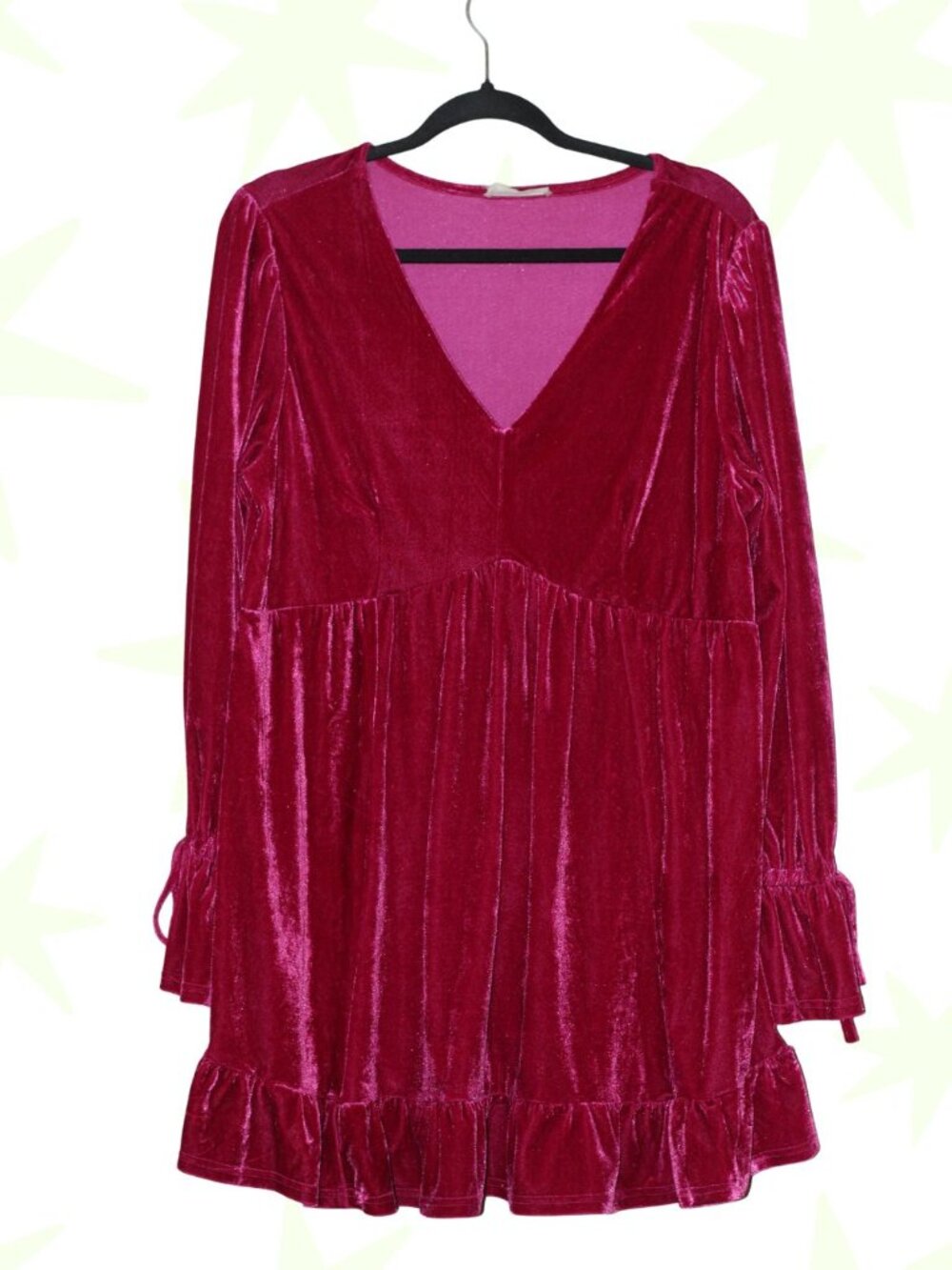 New In empire waist velvet mini dress ruffle trims L